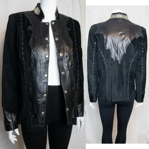 TRIBE AMERICA Women's Vintage Black Suede & Leather Beaded JacketUS 8 - Picture 1 of 14